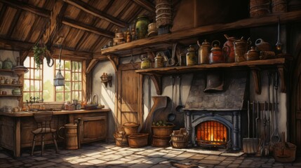 Generative AI Atmospheric watercolors depicting a rustic kitchen with loose linework details, showcasing maple syrup as a key ingredient in recipes