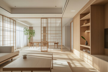 Modern minimalism, living room interior in warm white color scheme.