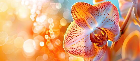 A detailed view of a stunning orchid flower is shown, with intricate petals and vibrant colors in...