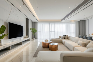 Fototapeta premium Modern minimalism, living room interior in warm white color scheme.