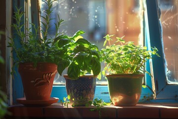 Fresh Basil, Rosemary, and Coriander Herbs in Colorful Pots on a Sunny Window Sill - Powered by Adobe