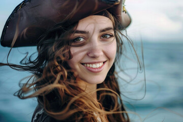A young, smiling woman pirate in a hat, against an ocean backdrop, with windswept hair