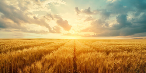 Captivating Wheat Field Sunset Landscape - obrazy, fototapety, plakaty