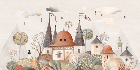 Fairytale houses among flower bushes. Cute houses in the forest. Funny bunnies. Vintage style.