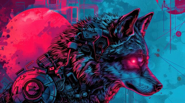 Cyberpunk cyborg wolf animal character concept with red eyes AI generated image