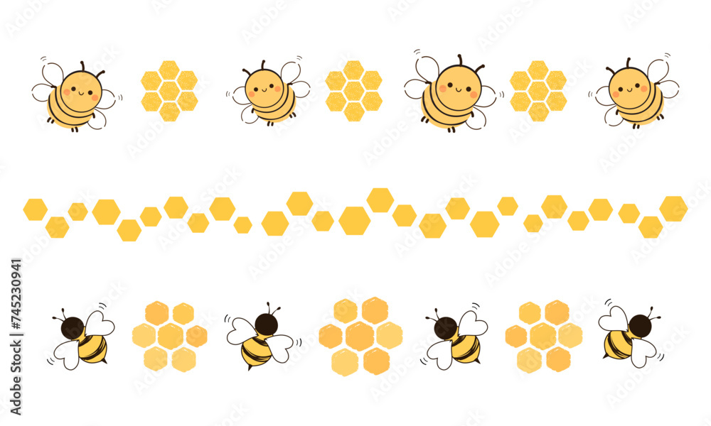 Wall mural set of beehive honey with hexagon grid cells and bee cartoons signs isolated on white background.