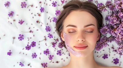 professional beauty photograph of pretty caucasian girl with flawless skin lying down on treatment bed for skin facial