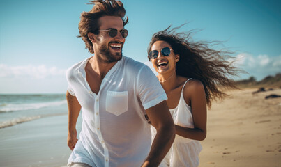 Happy young couple on the beach, enjoying their time together on the vacation. Active lifestyle concept