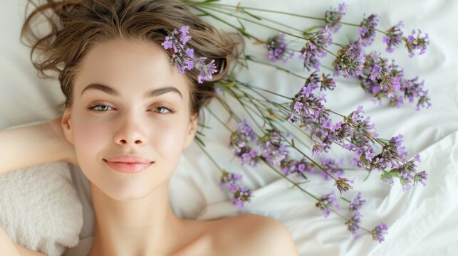 professional beauty photograph of pretty caucasian girl with flawless skin lying down on treatment bed for skin facial,