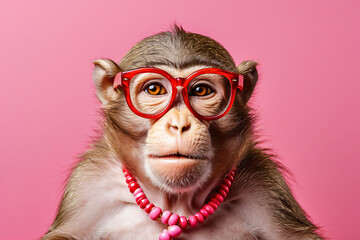 A monkey wearing red glasses is staring at the camera. The image has a playful and lighthearted mood, as the monkey is dressed in glasses and he is posing for a photo