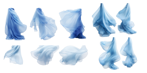 Collection of blue flying fabric cloth isolated on a white background as transparent PNG