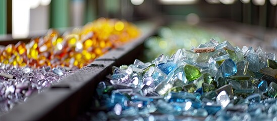A variety of differently colored glass pieces are scattered across a table, showcasing the range of glass waste processed at a recycling facility for creating new products. - obrazy, fototapety, plakaty