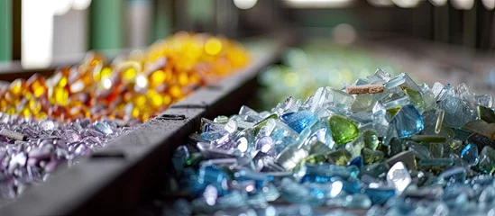 Fotobehang A variety of differently colored glass pieces are scattered across a table, showcasing the range of glass waste processed at a recycling facility for creating new products. © TheWaterMeloonProjec