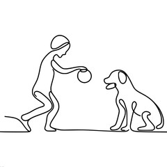 Contour, graphics, vector, black and white one line drawing, a girl in a swimsuit plays with a dog with a ball on the beach