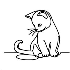 Obraz premium Contour, one-line, vector, black and white drawing, graphic outlines of the silhouette of a kitten sitting and looking