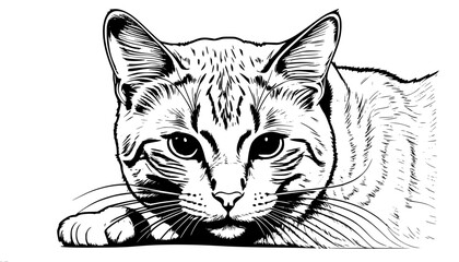 Contour, black and white vector line drawing, graphic outline of a striped, lying cat