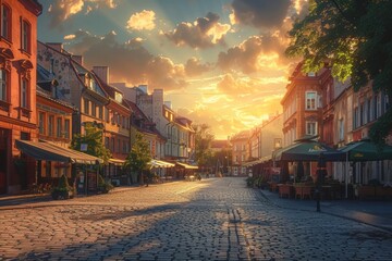 Sunset Over the Multicolored Facades of Old Town Market Square in Warsaw, Poland