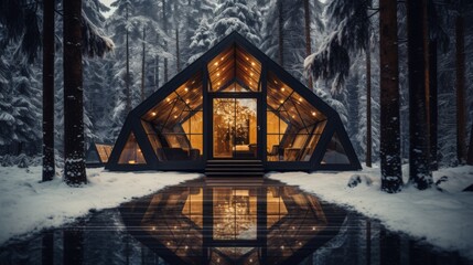 Hexagon wooden house and trees in snowy forest