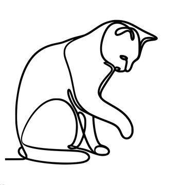 recommend clip art: Contour, one-line, vector, black and white drawing, graphic outlines of the silhouette of a cat sitting and looking down, playing with its paw