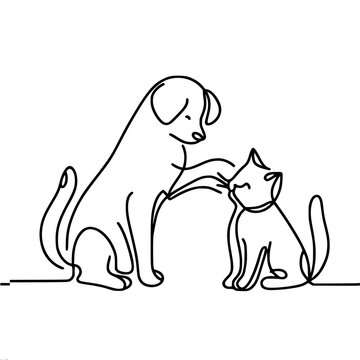 Contour, graphics, vector, black and white one line drawing, a dog touches a cat with its paw