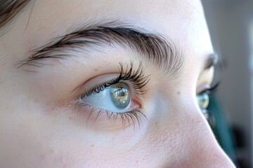 A close-up of a person's eyes emphasizing the beauty of long and voluminous eyelashes.