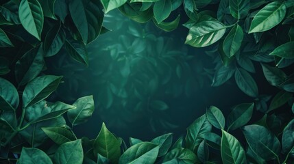 Realistic dark green leaves on a neon frame background