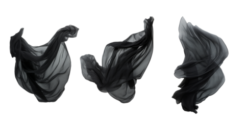Collection of black flying fabric cloth isolated on a white background as transparent PNG