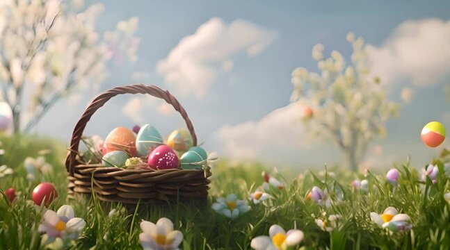 Colorful eggs in a basket on a large grassy field, video material for the easter events, easter eggs, easter egg hunt, easter egg hunter. Hidden easter eggs.
