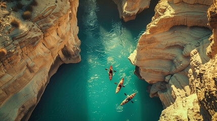 Kayakers from above  - obrazy, fototapety, plakaty