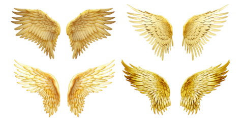 Collection of golden fantasy wing isolated on a white background as transparent PNG