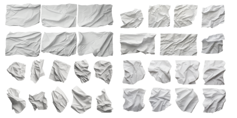 Collection of white crumpled paper isolated on a white background as transparent PNG