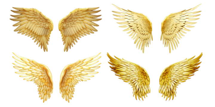 Collection of golden fantasy wing isolated on a white background as transparent PNG