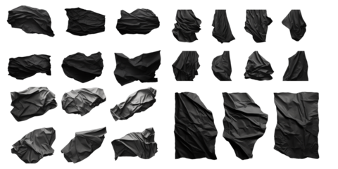Collection of black crumpled paper isolated on a white background as transparent PNG
