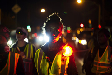 Under the glare of streetlights, protesters donning fluorescent traffic vests form a human blockade on the busy road, their resolve unwavering. - obrazy, fototapety, plakaty