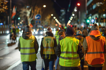 Obraz premium Under the glare of streetlights, protesters donning fluorescent traffic vests form a human blockade on the busy road, their resolve unwavering.