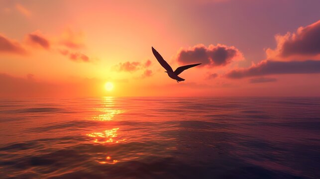 Seagull flying over the sea at sunset. 3d render