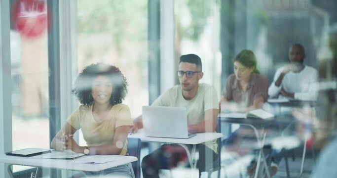 Student, hand raised and question for education at university, biology and neurology science. Teacher, writing notes and information for brain study on glass, curriculum and course in classroom