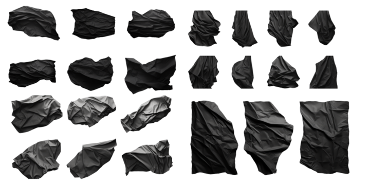 Collection of black crumpled paper isolated on a white background as transparent PNG - Powered by Adobe