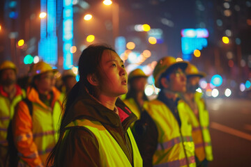 Against the backdrop of city lights, activists wearing traffic vests unite in protest, their presence on the road a testament to their commitment to change.