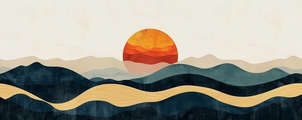 Abstract Sunset Mountain Landscape Illustration