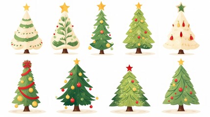 Generative AI Christmas trees decorated with toys white background Minimalism flat cartoon illustration