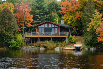Fototapeta na wymiar Serene lake scene with vibrant autumn colors