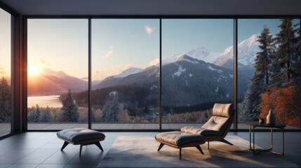 interior of modern minimalist apartment with landscape glass windows looking at mountain