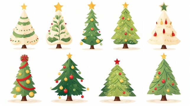 Generative AI Christmas trees decorated with toys white background Minimalism flat cartoon illustration