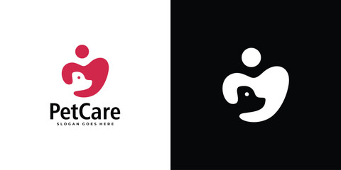 Creative Pet Care Logo. People Hug Dogs with Minimalist Style. Dog Logo Icon Symbol Vector Design Template. - obrazy, fototapety, plakaty