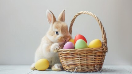 super cute baby bunny holding an easter basket, colored Easter eggs, all on a white background