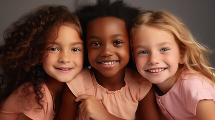 3 girls, different skin colors A confident many child posing against a Isolated backdrop, her bright smile  and a clear orange t shirt, isolated in a light brown studio.