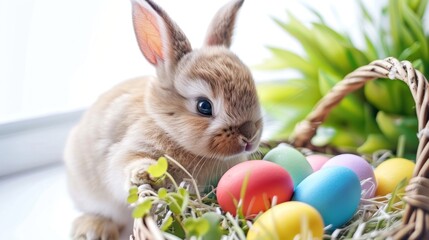 super cute baby bunny holding an easter basket, colored Easter eggs, all on a white background - Powered by Adobe