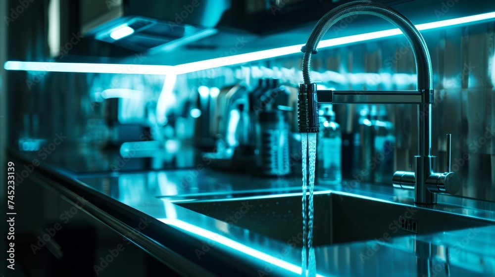 Poster Generative AI Close-up of a hi-tech pull-down kitchen faucet, illuminated controls, water stream visualization, futuristic atmospheric background