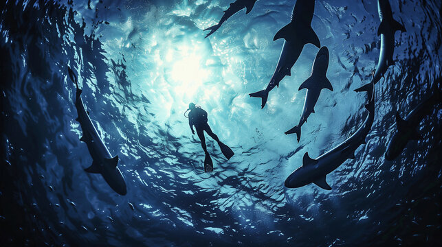 Divers with lots of fish and sharks under water 
